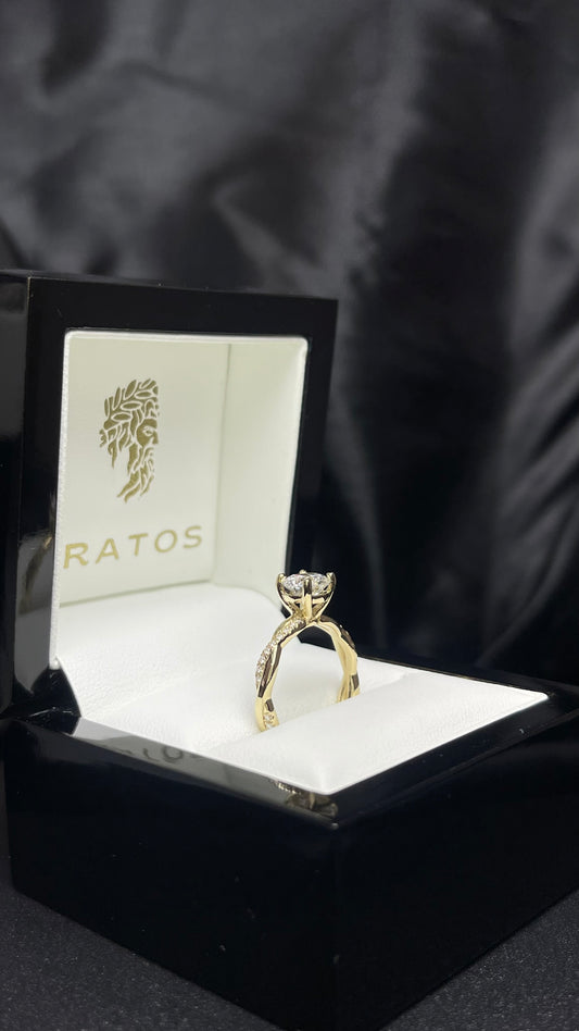 Anillo Compromiso Redondo 1.08 ct, cruzado 26d .13ct diamantes naturales 14k YG