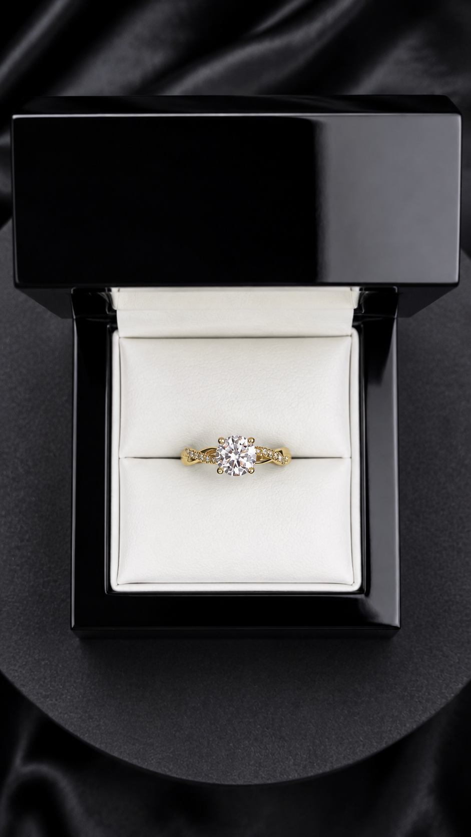 Anillo Compromiso Redondo 1.08 ct, cruzado 26d .13ct diamantes naturales 14k YG