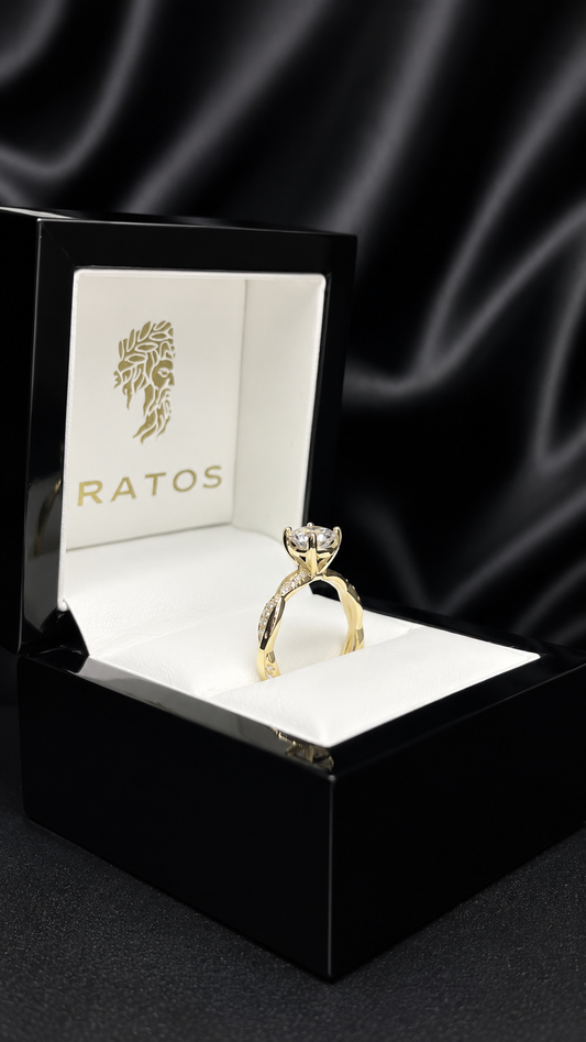 Anillo Compromiso Redondo 1.08 ct, cruzado 26d .13ct diamantes naturales 14k YG